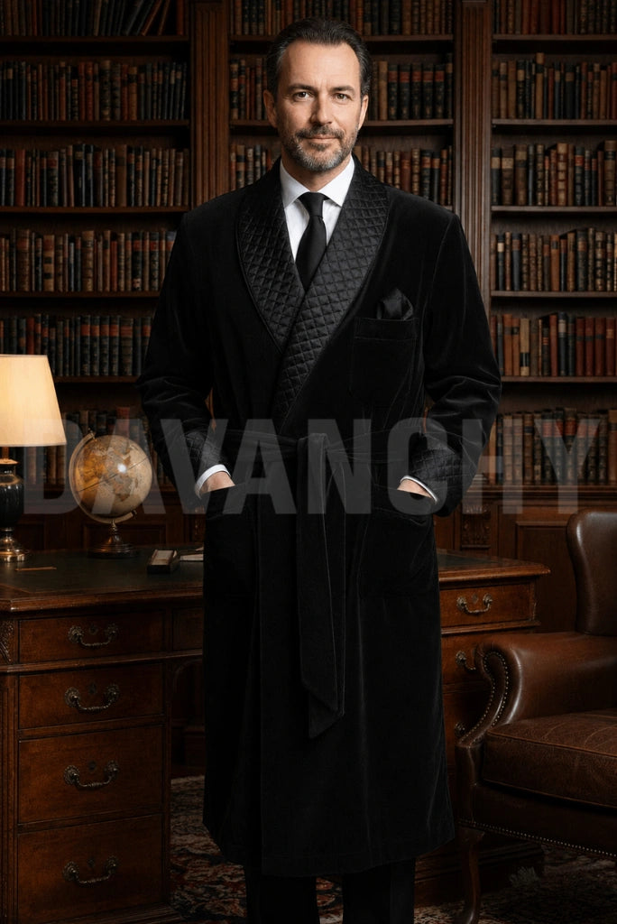 Men Black Velvet Smoking Jacket Front