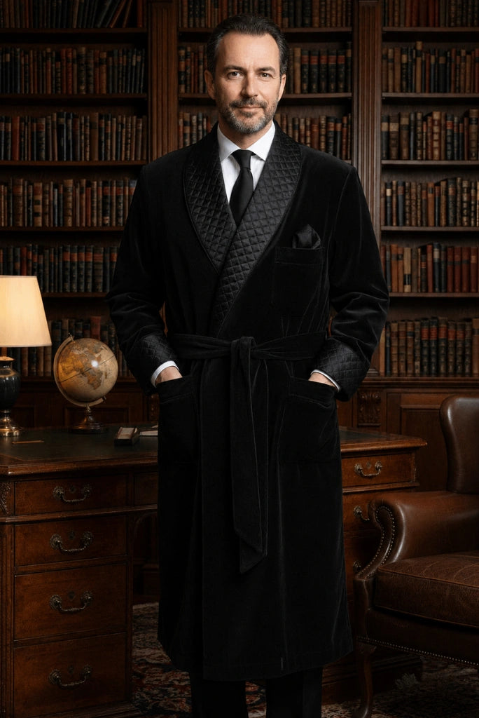 Men Black Long Smoking Jacket Robe Style-Front