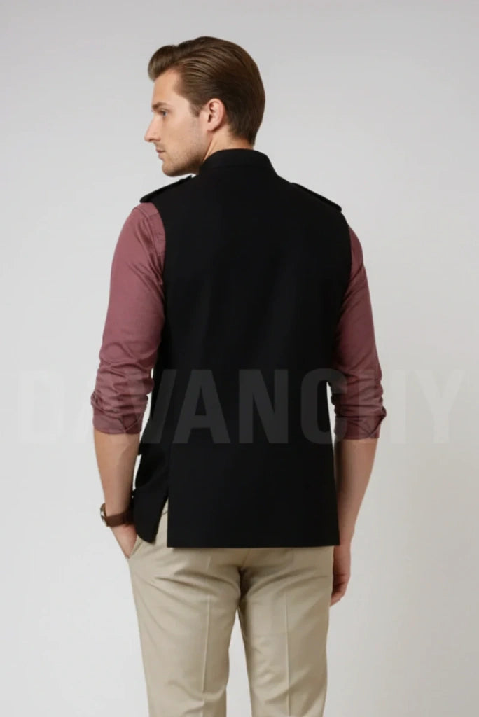 Nehru Style Black Formal Waistcoat jacket-Back