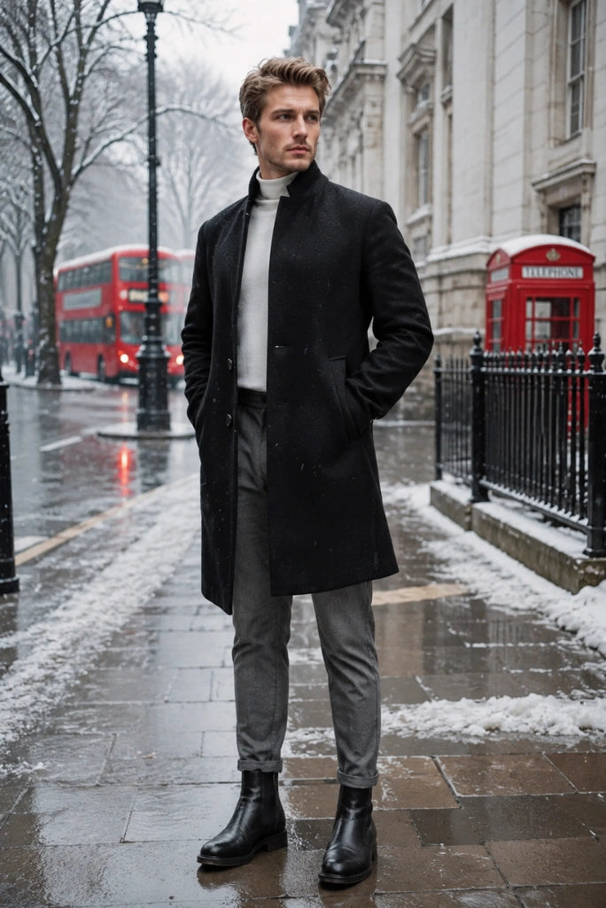 Men Black Tweed Overcoat-Front