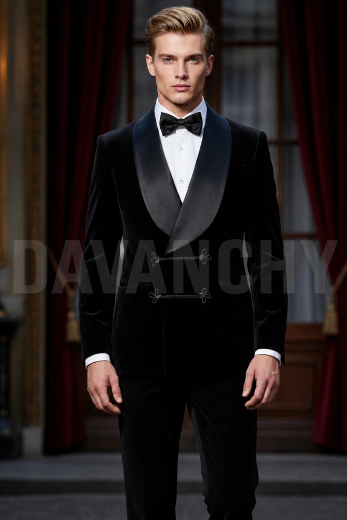 Men Black Velvet Tuxedo Formal Coat-Front