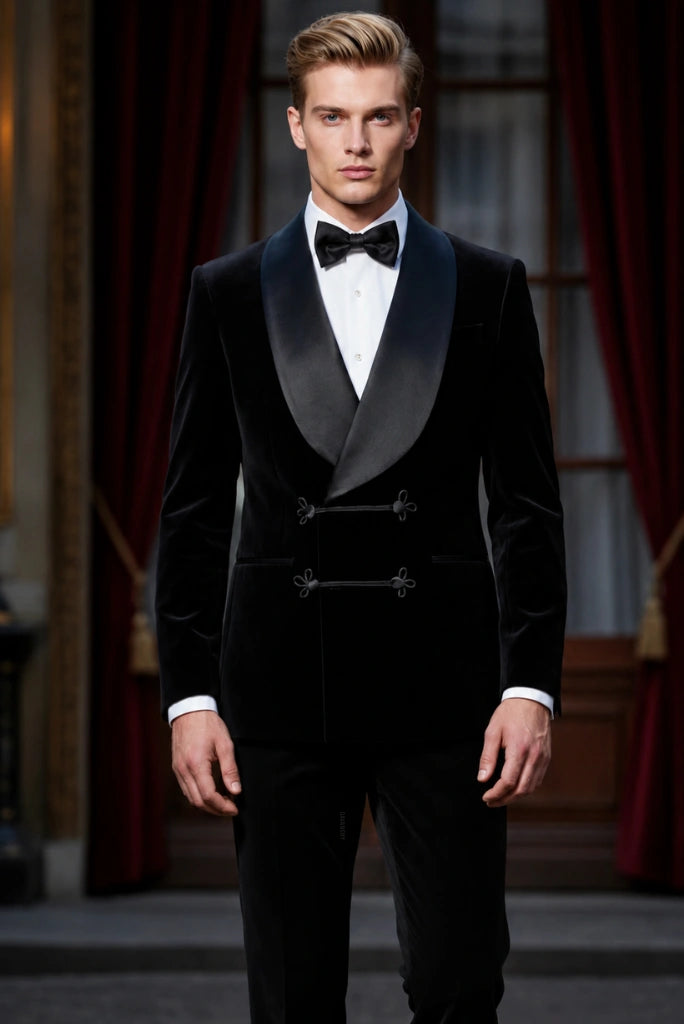 Men Black Tuxedo Velvet Smoking Jacket-Front