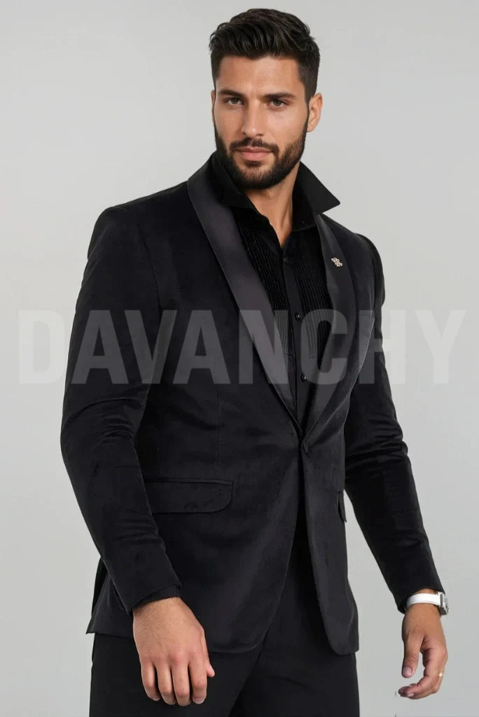 Men Black Velvet Shawl Lapel Blazer-Front