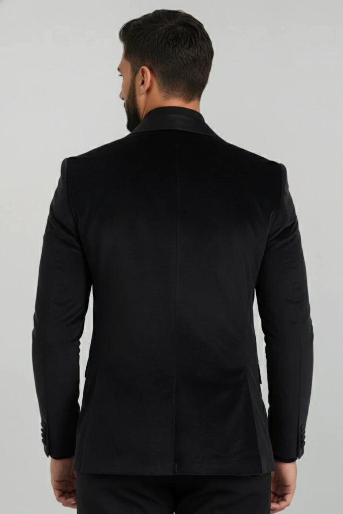 Men Black Formal Velvet Blazer-Back