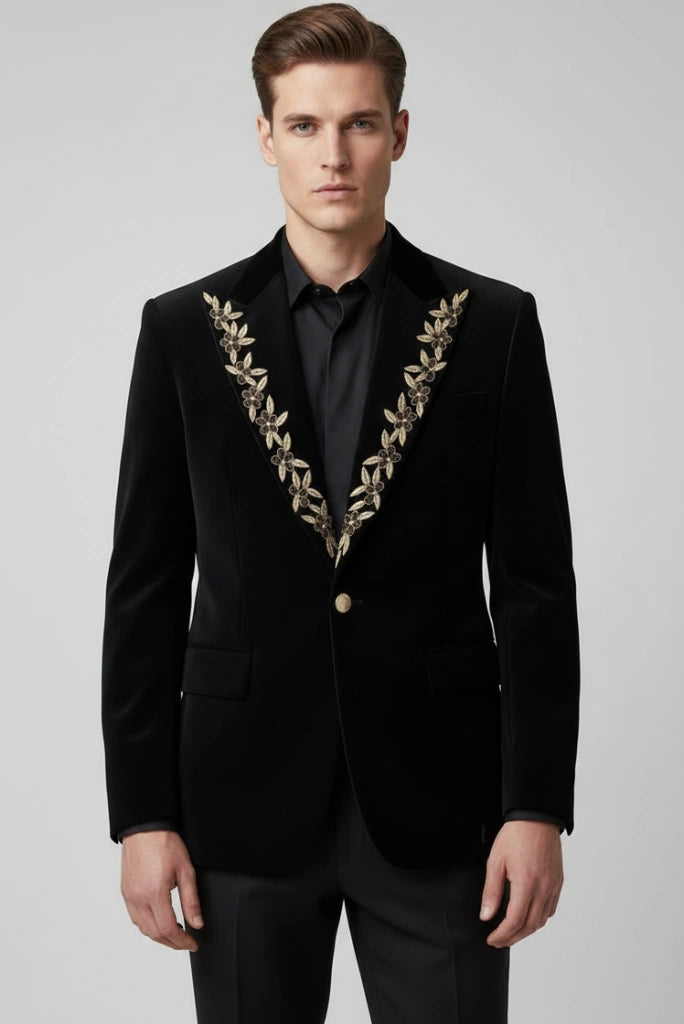 Men Black Velvet Designer Blazer-Front