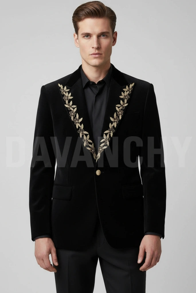 Men Black Velvet Blazer-Front