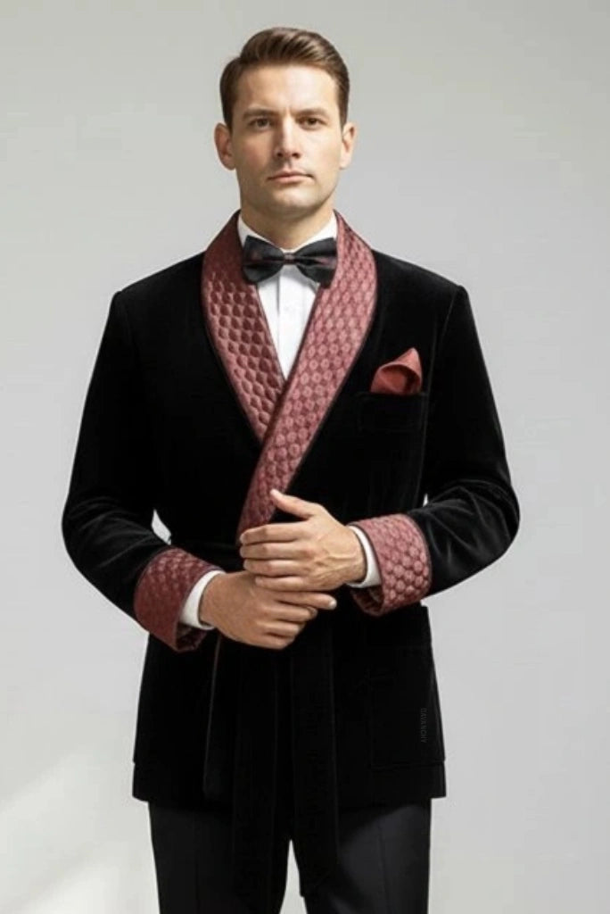 Men Black Velvet Smoking Jacket DVY-Front