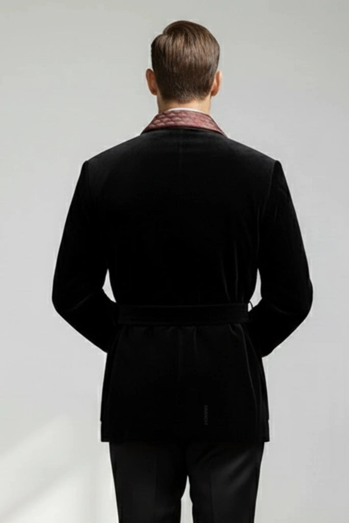 Luxury Black Velvet Smoking Jacket for Men-Back