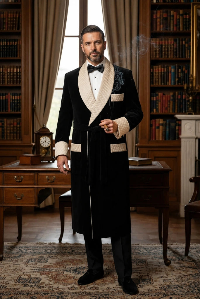 Men Black Smoking Long Coat Premium Lounge Wear Cigar Jacket