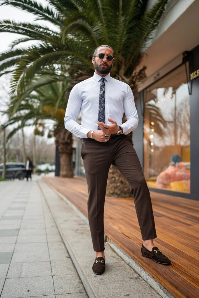 Stylish men’s formal brown pant with white shirt- Front