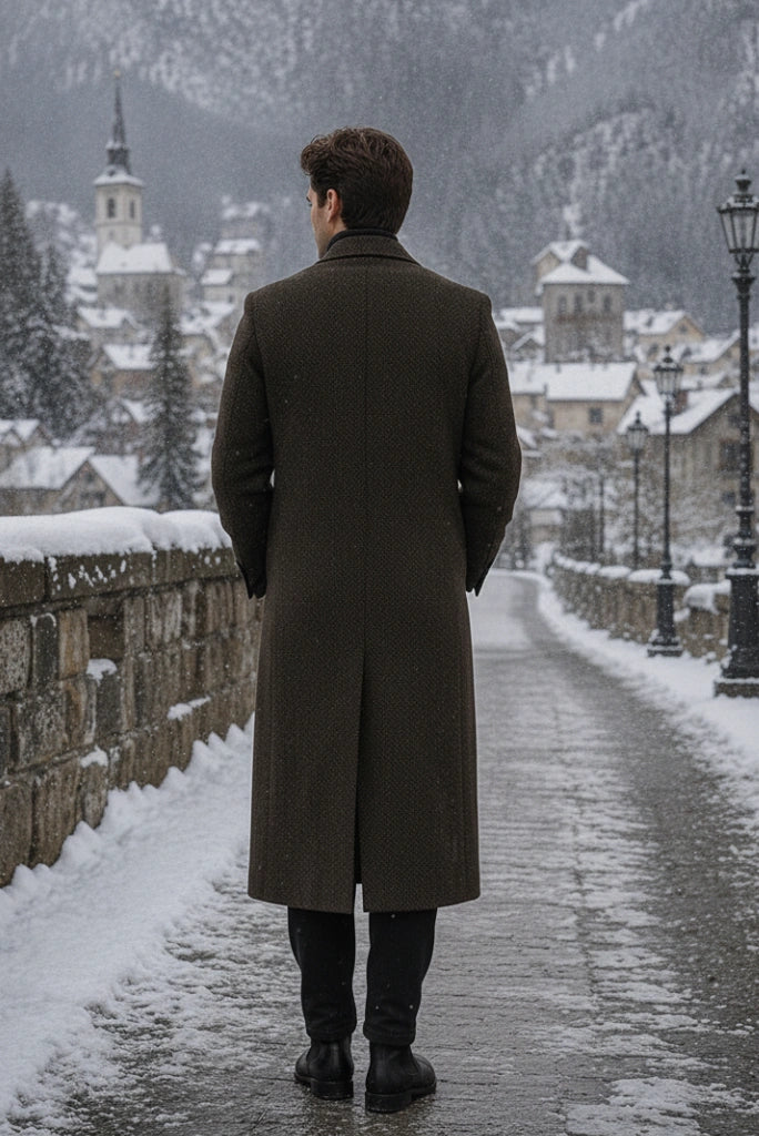 Men Brown Tweed Vintage Overcoat Winter Long Trench Coat