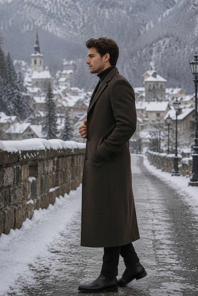 Men Brown Tweed Vintage Overcoat Winter Long Trench Coat