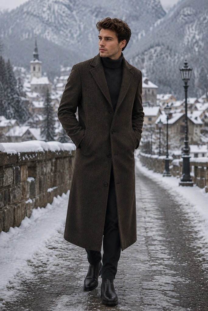 Men Brown Tweed Vintage Overcoat Winter Long Trench Coat
