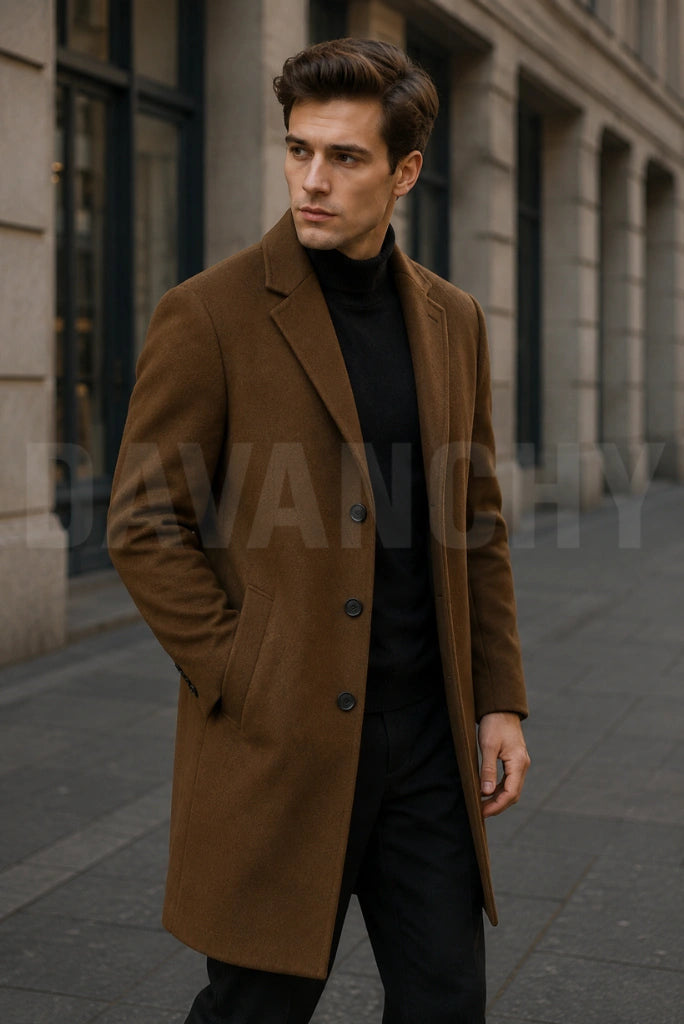 Vintage Style Brown Winter Overcoat for Men-Side