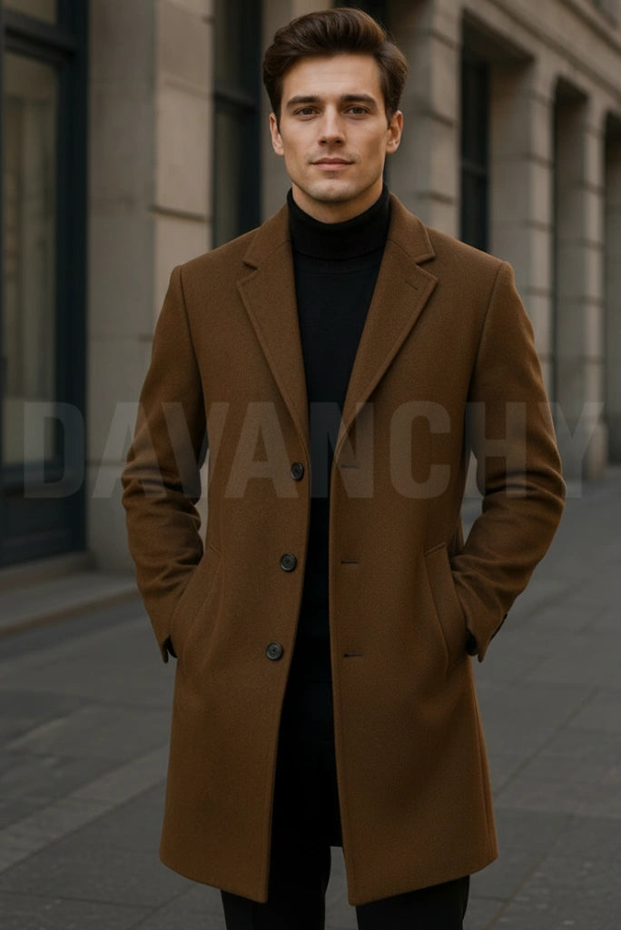 Men Brown Wool Trench Coat Front