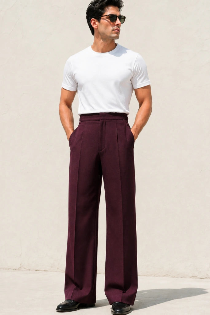 Men Burgundy Bootcut Flared Trousers-Front