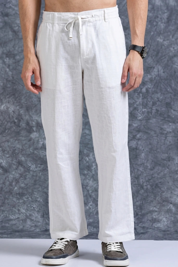 Men White Linen Casual Premium Pant-Front