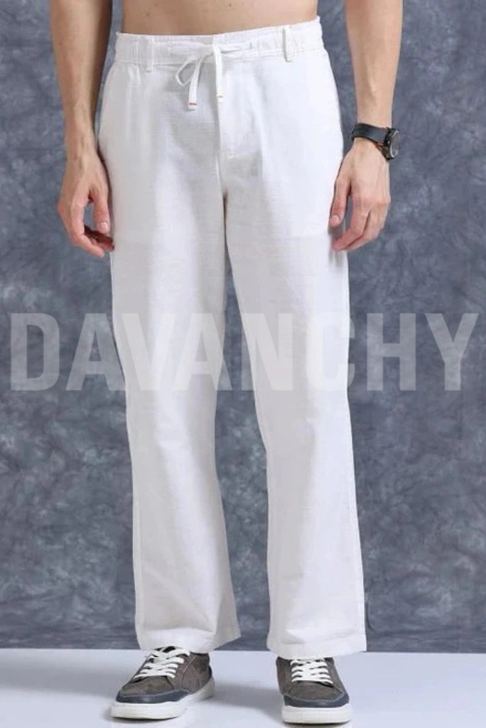 Men White Casual Linen Trouser-Front