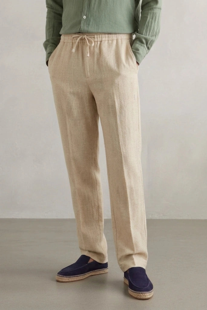Men Cream Linen Pant-Front