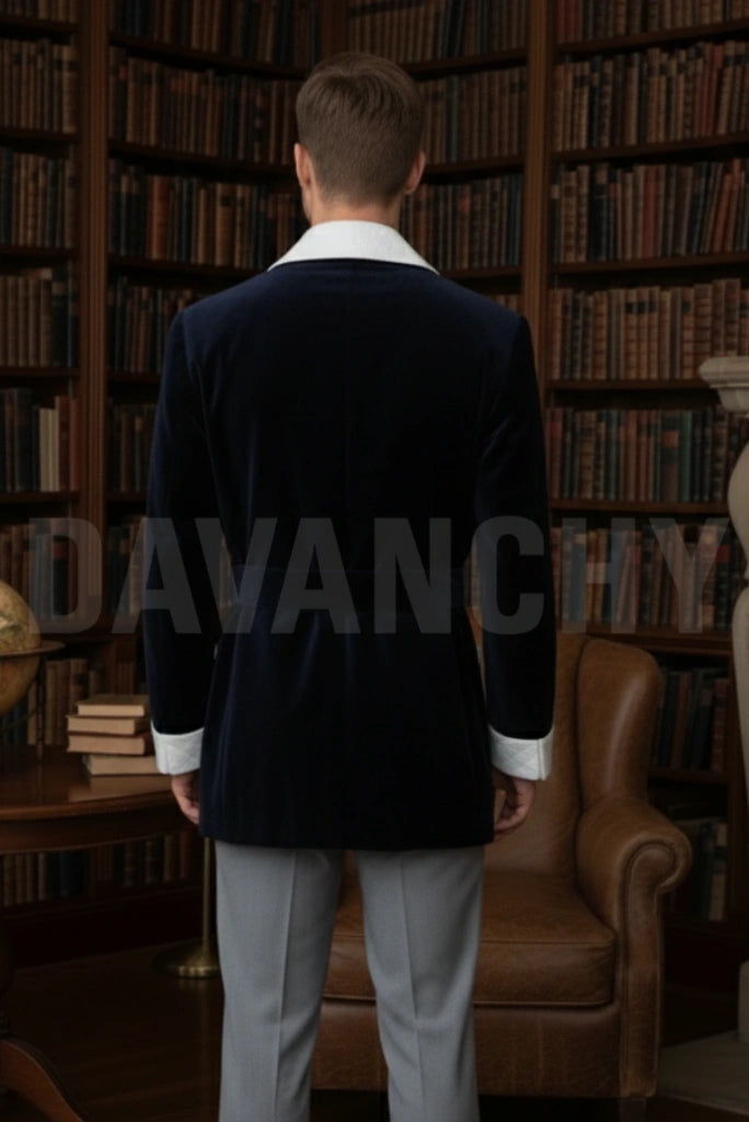 Men Navy Blue Smoking Jacket-Back