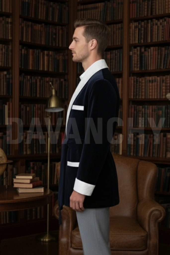 Men Navy Blue Smoking Jacket-Side