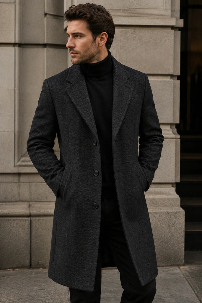 Men Grey Tweed Trench Coat-Front