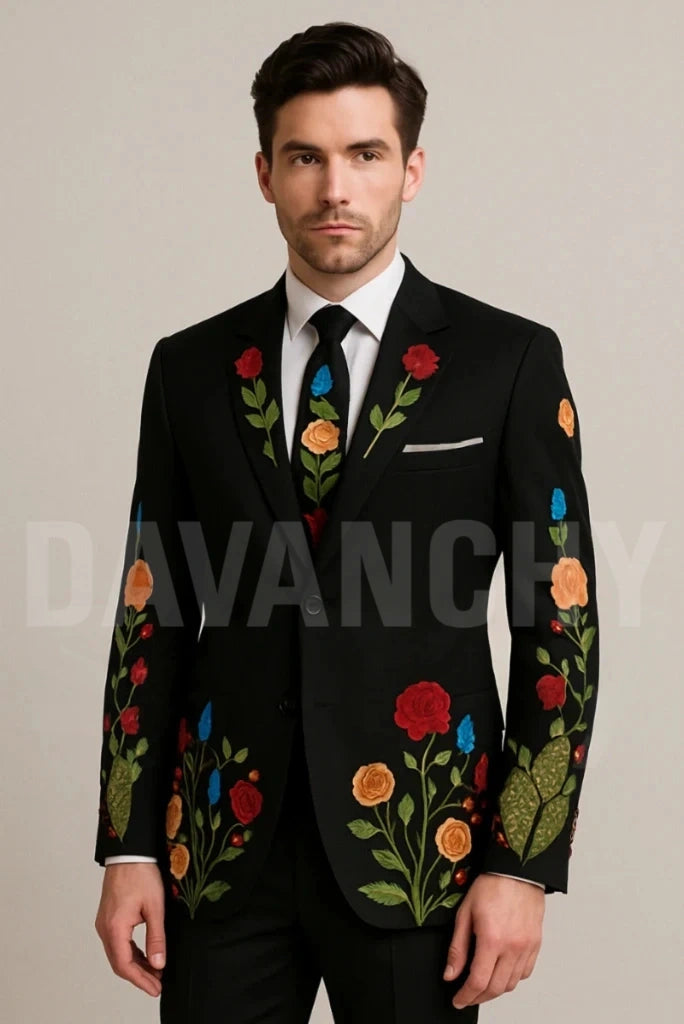Men Black Floral Embroidery Blazer-Front