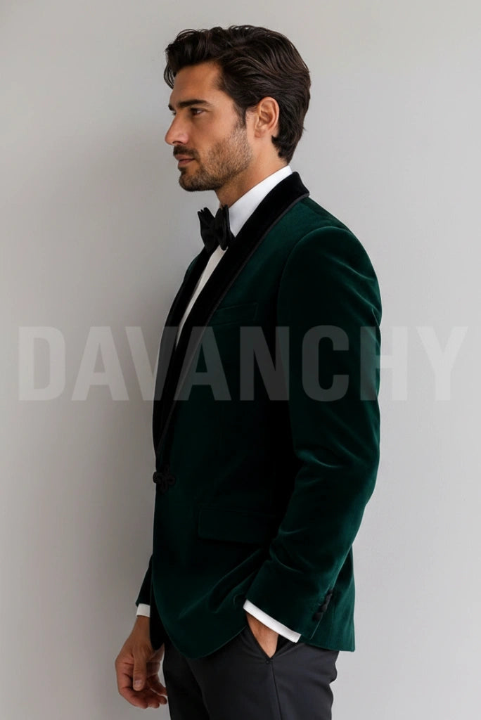 Men Emerald Green Custom Made Smoking Jacket-Side