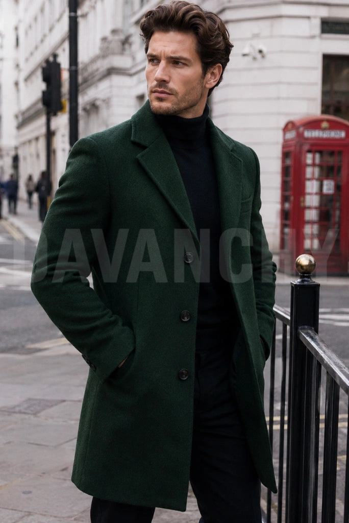Men Emerald Green Tweed Overcoat -Front
