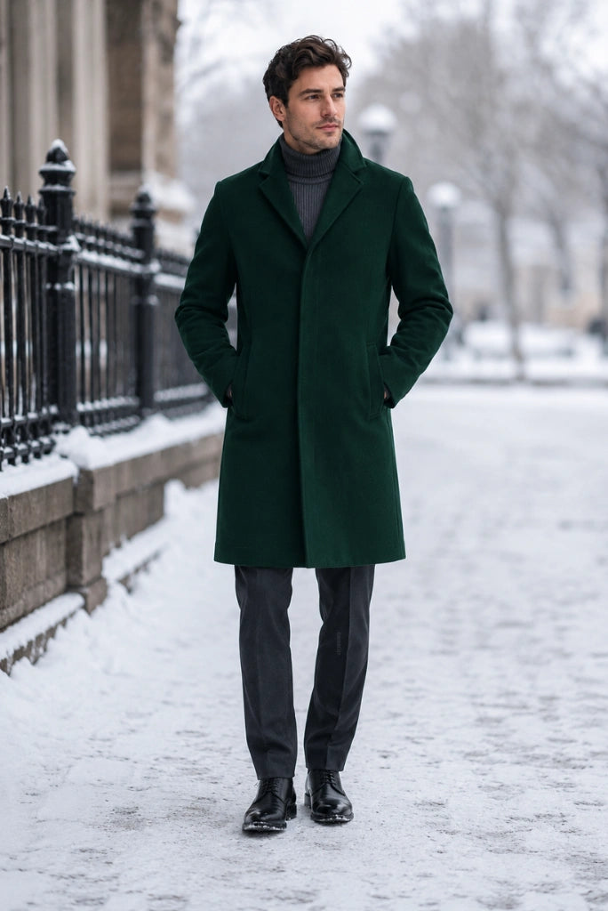 Premium Tweed Emerald Green Trench Coat for Men-Front