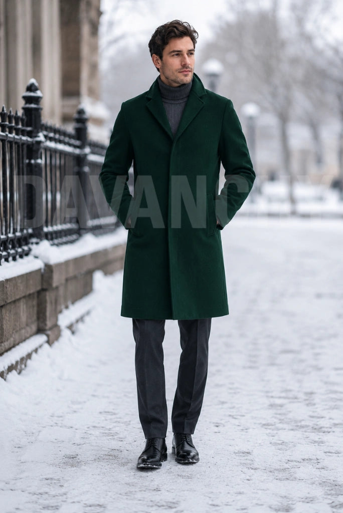 Men Emerald Green Tweed Trench Coat-Front