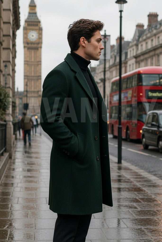 Emerald Green Long Winter Trench Coat Side