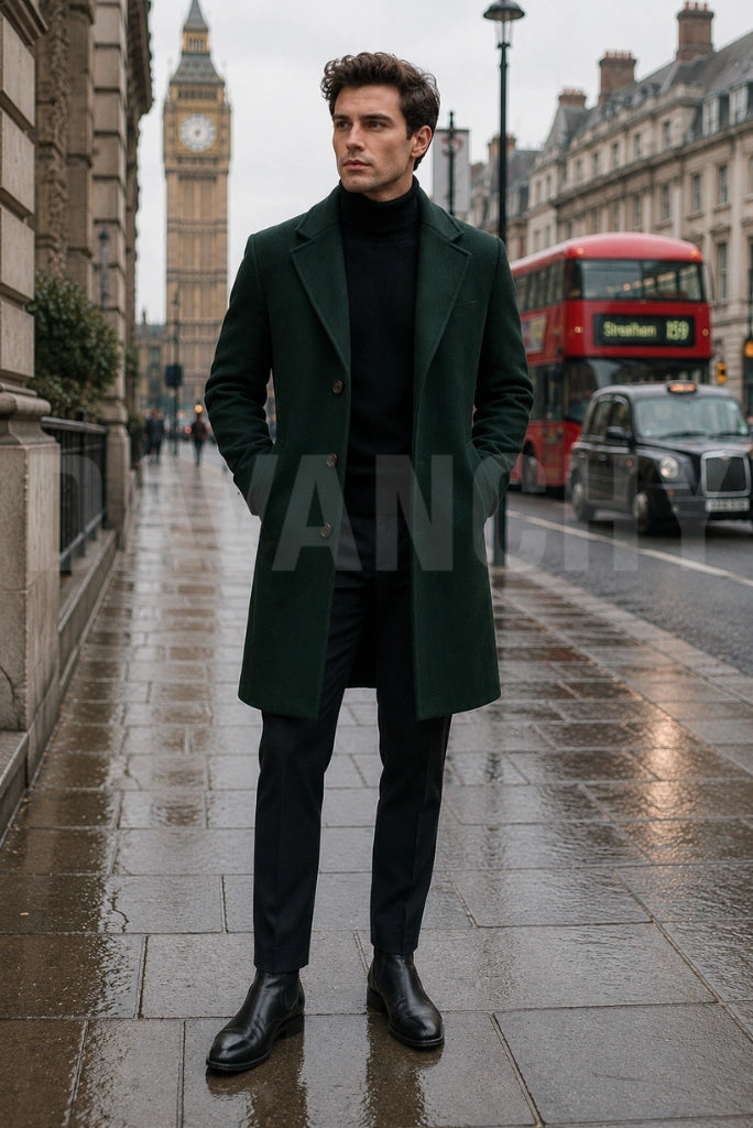 Men Emerald Green Tweed Overcoat Front