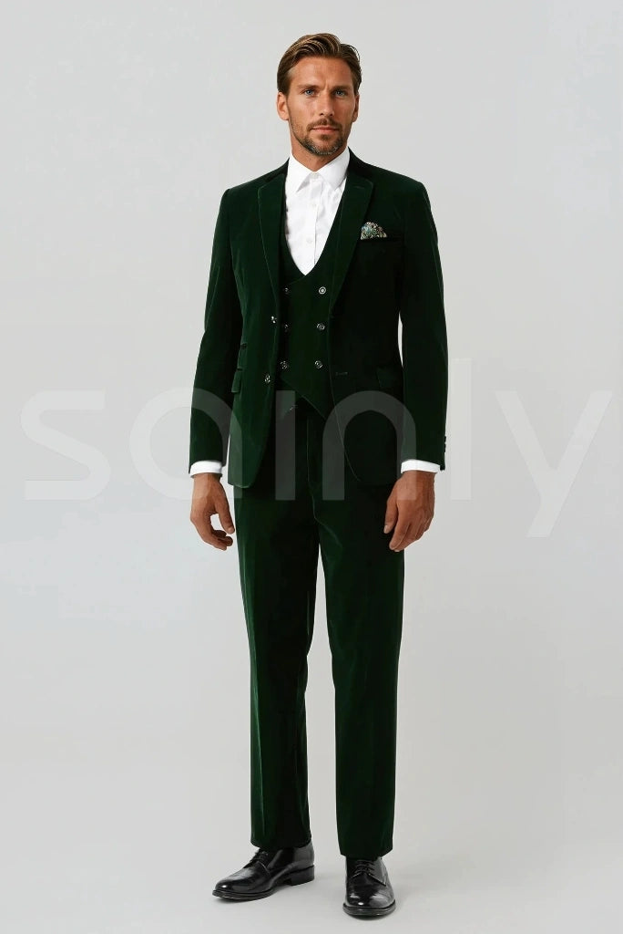 Velvet three-piece suit with blazer, waistcoat, and trousers-front