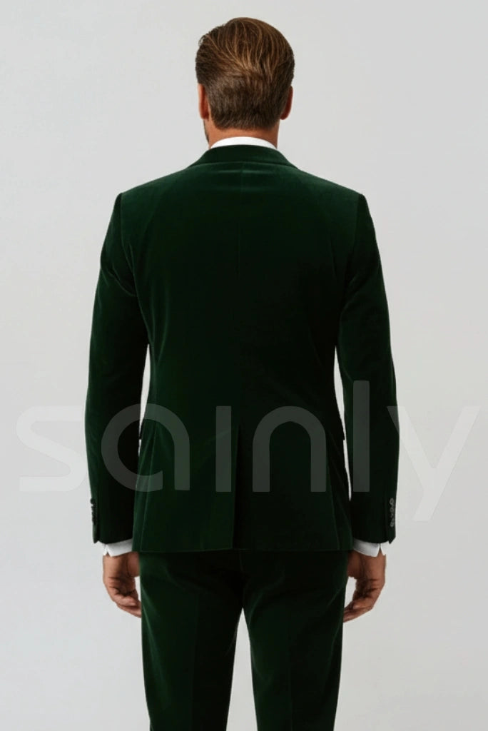 Lustrous velvet three-piece suit showcasing fabric richness-back