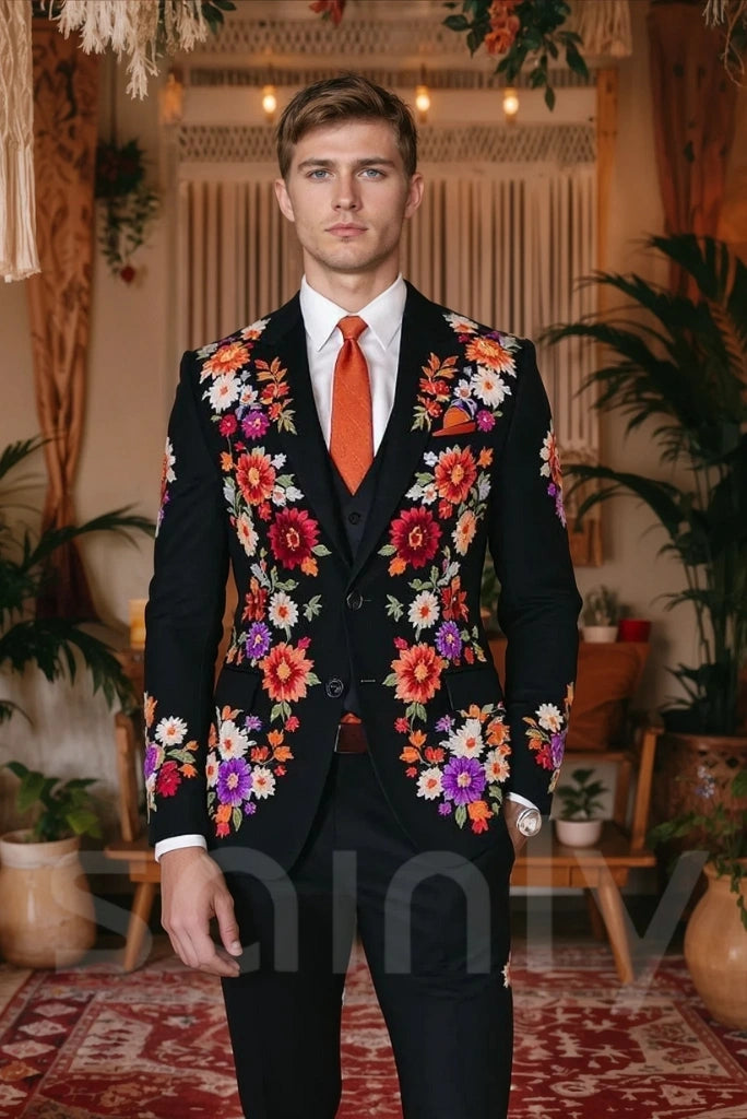 Men’s black embroidered three-piece suit with floral detailing – ideal for weddings and parties-front