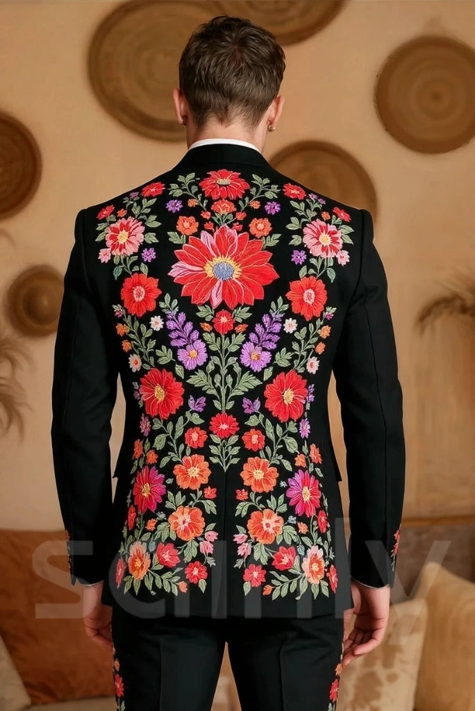 Embroidered black blazer with floral design on front and sleeves-back