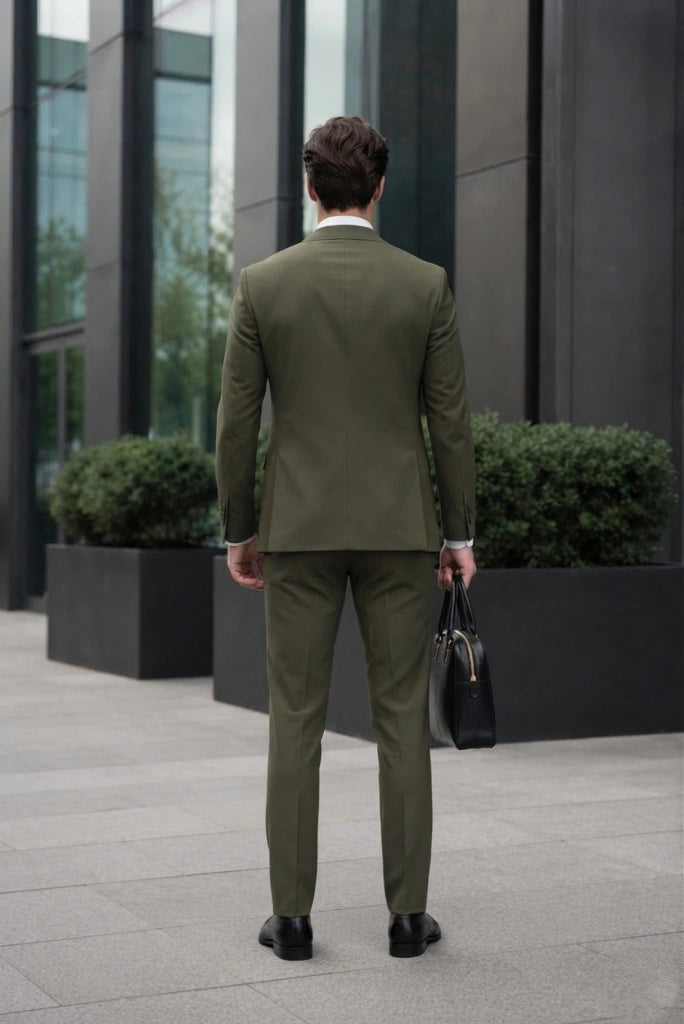 Men Olive Green Custom Made Suit-Back