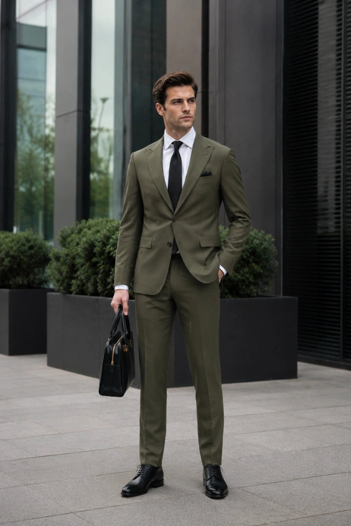 Men Olive Green Formal Two Piece Suit-Front