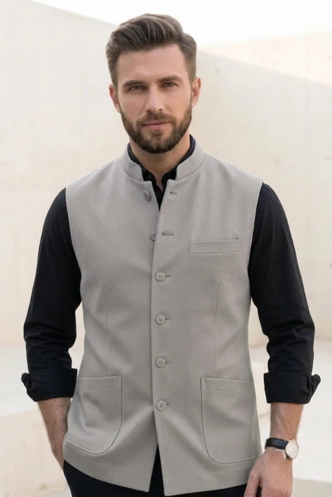 Men Grey Nehru Jacket-Front