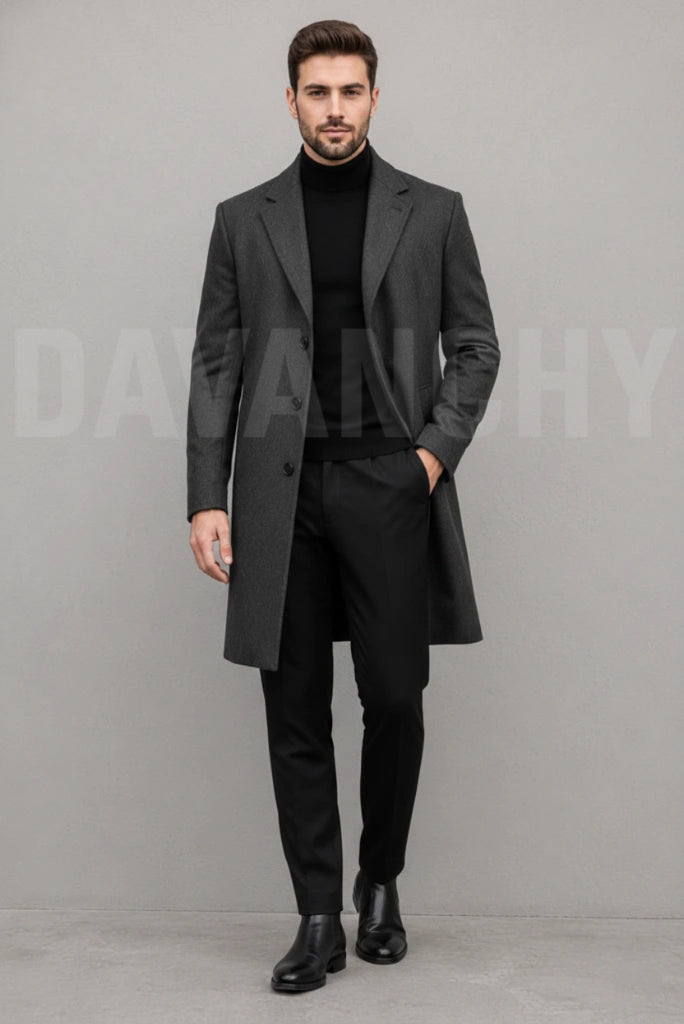 Men Grey Tweed Trench Coat-Front