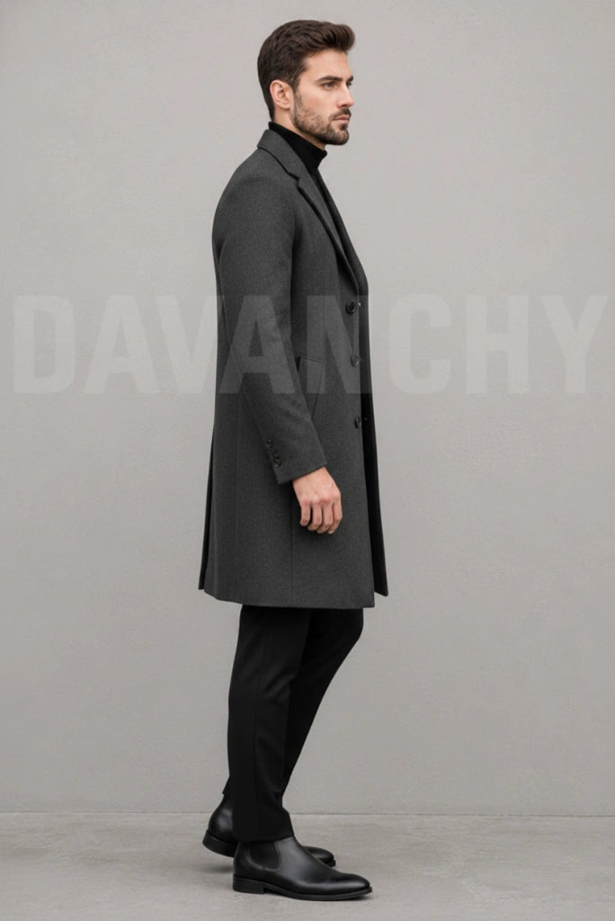Long Grey Winter Overcoat for Men-Side