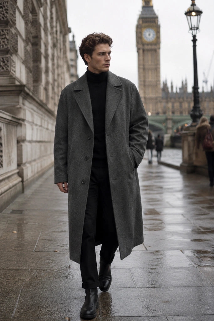 Men Grey Tweed Long Overcoat-Front