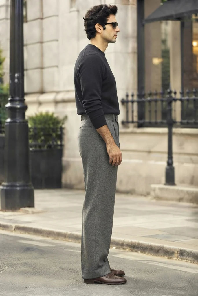 Grey Tweed WIde Leg Trouser for Men Side