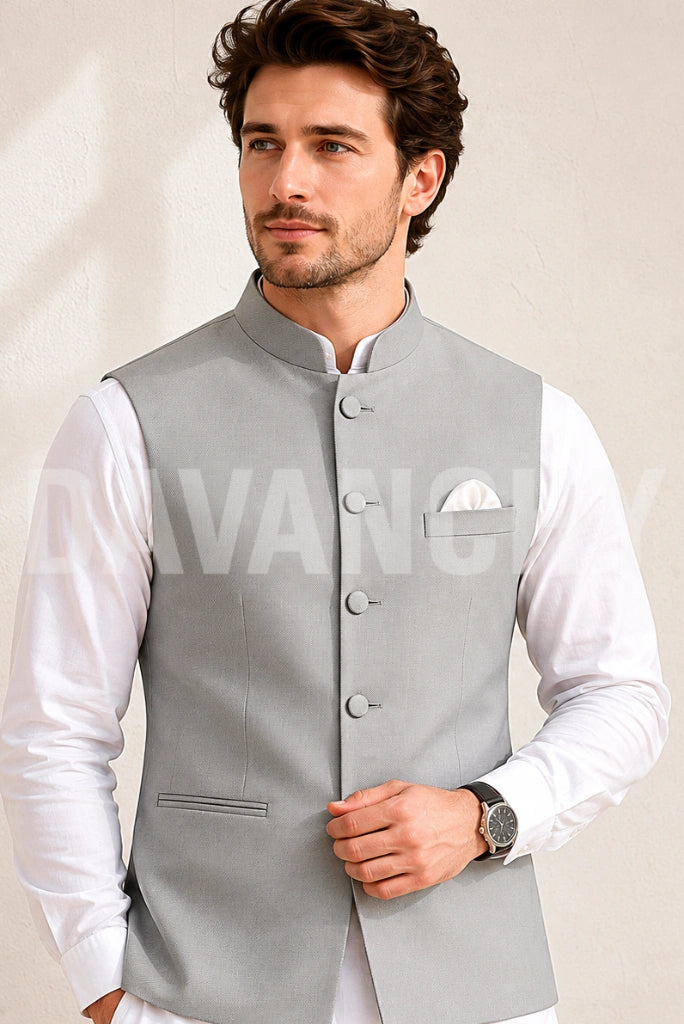 Men Light Grey Formal Nehru Jacket DVY-Front