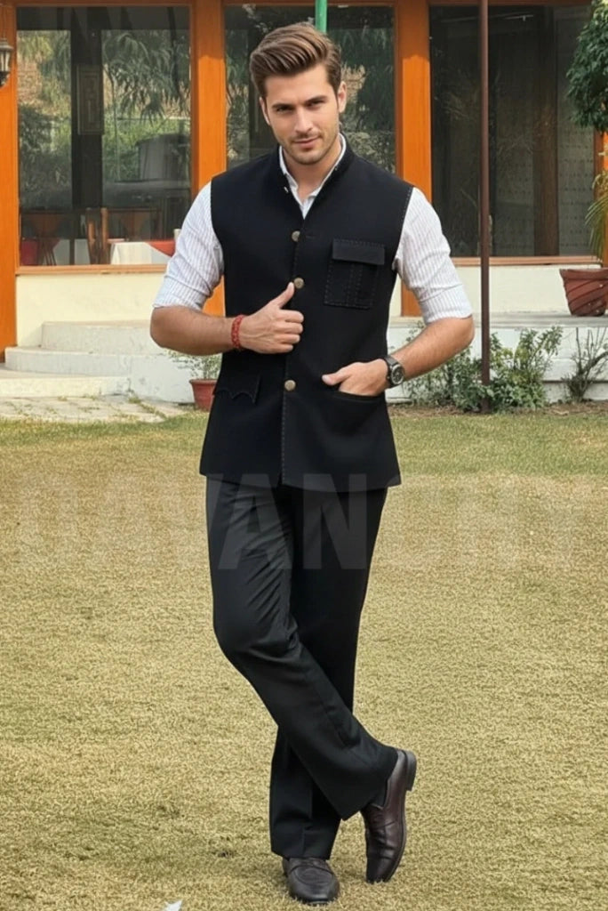 Men Black Nehru Jacket-Front