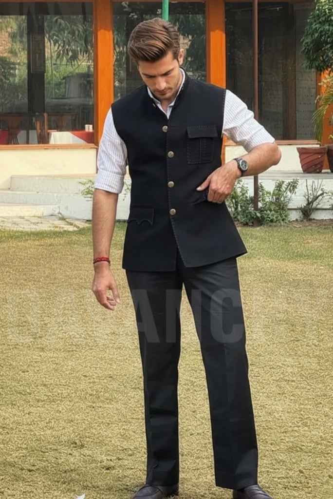 Black Jodhpuri Jacket Formal Events and Wedding Festive Wear-Front