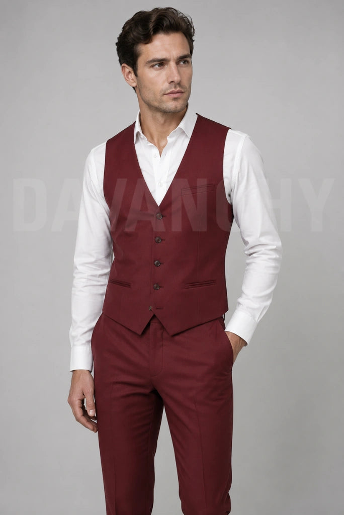 Men maroon waistcoat pant set-Front