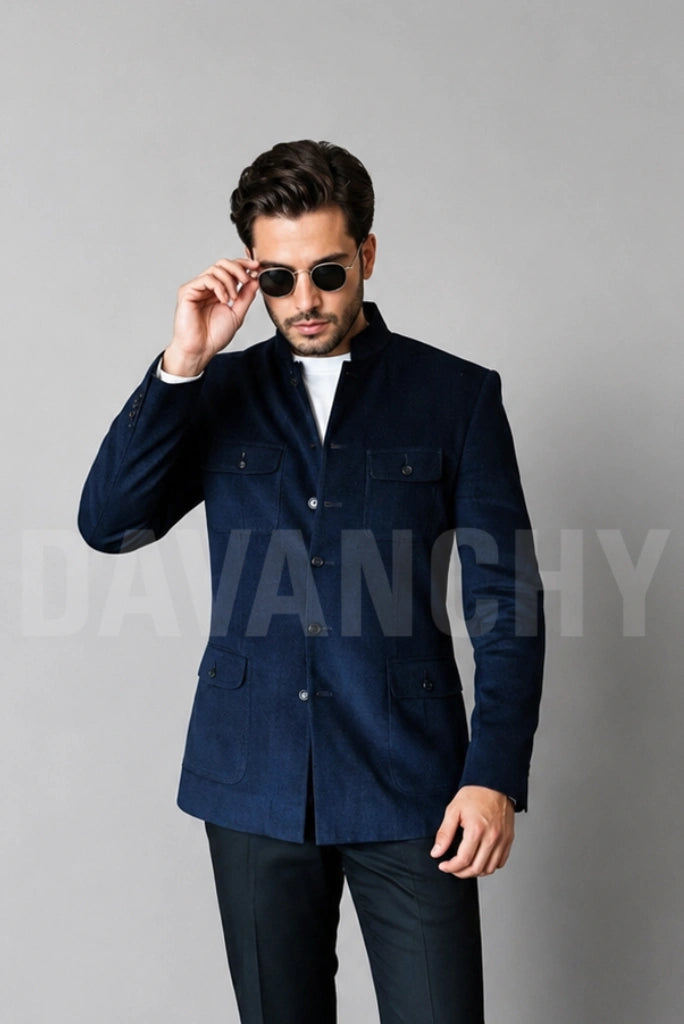 Men Navy Blue Velvet Bushcoat-Front