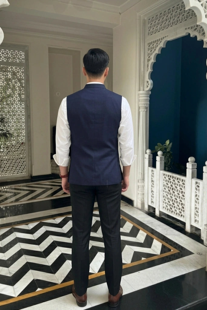 Designer Navy Blue Waistcoat-Back